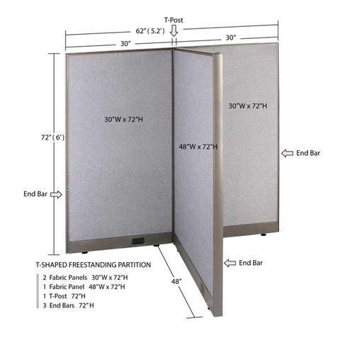 GOF 48"D x 60"W x 48”/60”/72”H, T-Shaped Freestanding Fabric Partition