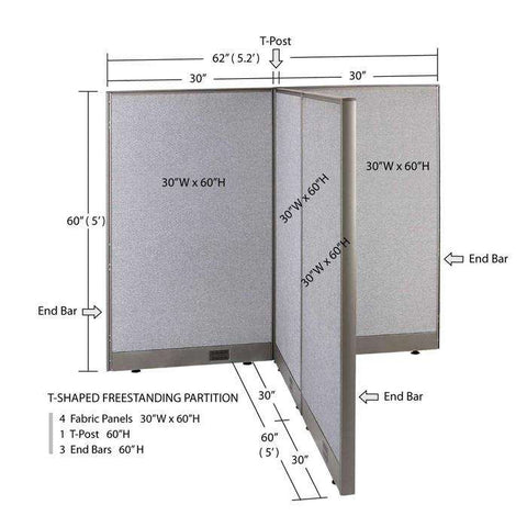 GOF 60"D x 60"W x 48”/60”/72”H, T-Shaped Freestanding Fabric Partition