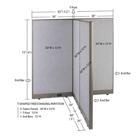 GOF 60"D x 60"W x 48”/60”/72”H, T-Shaped Freestanding Fabric Partition