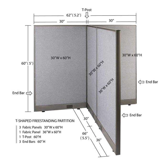 GOF 66"D x 60"W x 48”/60”/72”H, T-Shaped Freestanding Fabric Partition