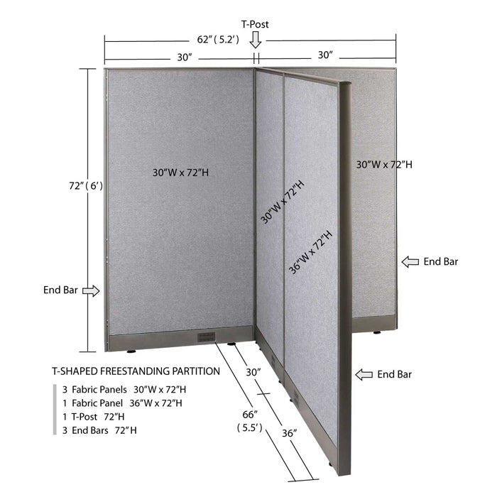 GOF 66"D x 60"W x 48”/60”/72”H, T-Shaped Freestanding Fabric Partition