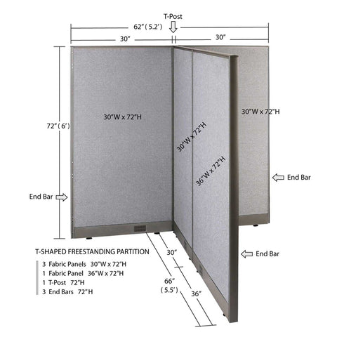 GOF 66"D x 60"W x 48”/60”/72”H, T-Shaped Freestanding Fabric Partition