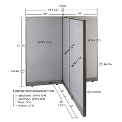 GOF 66"D x 60"W x 48”/60”/72”H, T-Shaped Freestanding Fabric Partition
