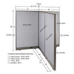 GOF 72"D x 60"W x 48”/60”/72”H, T-Shaped Freestanding Fabric Partition