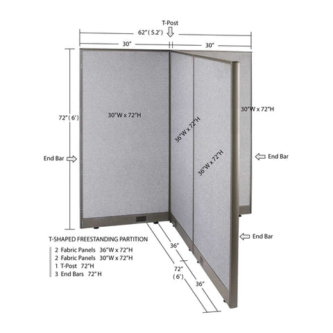 GOF 72"D x 60"W x 48”/60”/72”H, T-Shaped Freestanding Fabric Partition