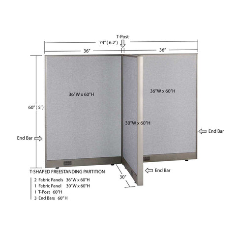 GOF 30"D x 72"W x 48”/60”/72”H, T-Shaped Freestanding Fabric Partition