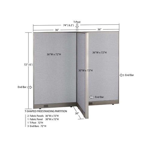 GOF 30"D x 72"W x 48”/60”/72”H, T-Shaped Freestanding Fabric Partition