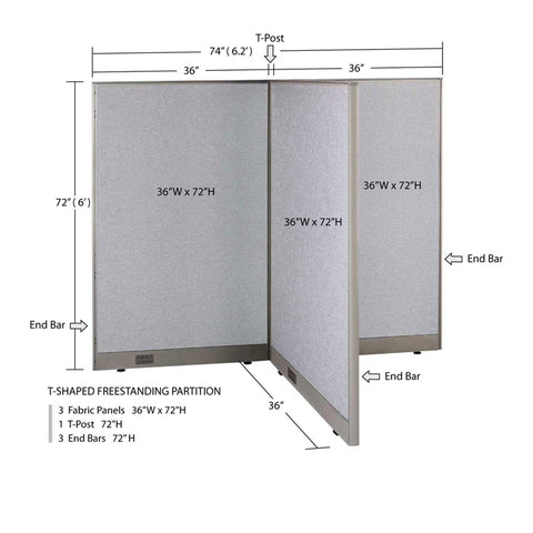 GOF 36"D x 72"W x 48”/60”/72”H, T-Shaped Freestanding Fabric Partition