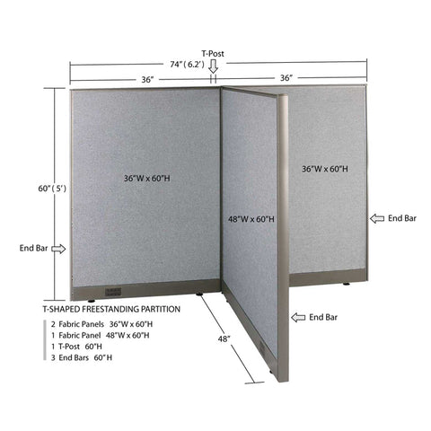 GOF 48"D x 72"W x 48”/60”/72”H, T-Shaped Freestanding Fabric Partition