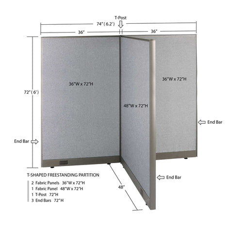 GOF 48"D x 72"W x 48”/60”/72”H, T-Shaped Freestanding Fabric Partition