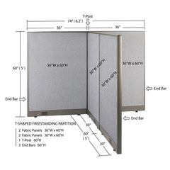 GOF 60"D x 72"W x 48”/60”/72”H, T-Shaped Freestanding Fabric Partition