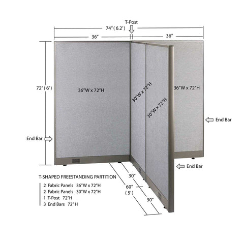 GOF 60"D x 72"W x 48”/60”/72”H, T-Shaped Freestanding Fabric Partition