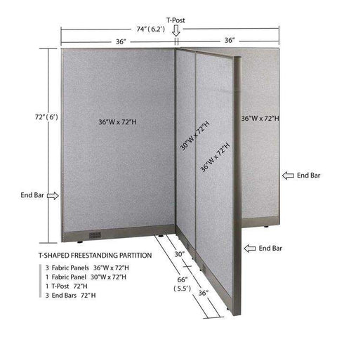 GOF 66"D x 72"W x 48”/60”/72”H, T-Shaped Freestanding Fabric Partition