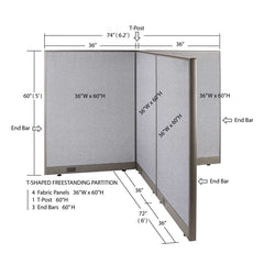 GOF 72"D x 72"W x 48”/60”/72”H, T-Shaped Freestanding Fabric Partition