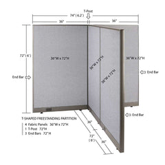 GOF 72"D x 72"W x 48”/60”/72”H, T-Shaped Freestanding Fabric Partition