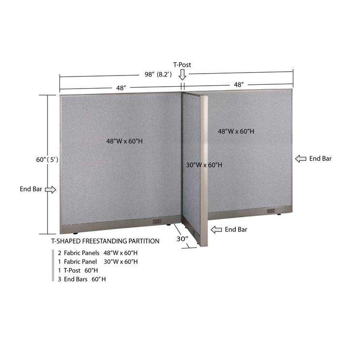 GOF 30"D x 96"W x 48”/60”/72”H, T-Shaped Freestanding Fabric Partition