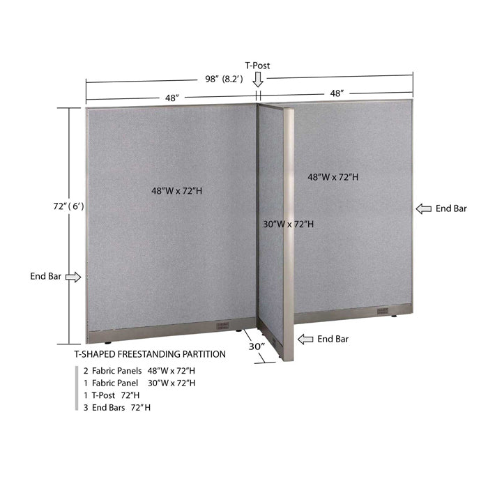 GOF 30"D x 96"W x 48”/60”/72”H, T-Shaped Freestanding Fabric Partition