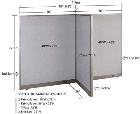 GOF 36D x 96W x 48”/60”/72”H, T-Shaped Freestanding Fabric Partition