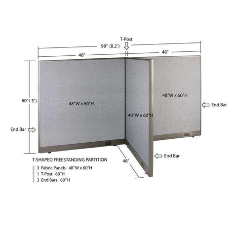 GOF 48"D x 96"W x 48”/60”/72”H, T-Shaped Freestanding Fabric Partition