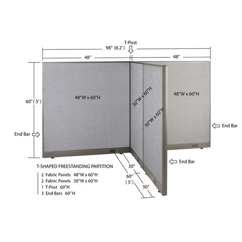 GOF 60"D x 96"W x 48”/60”/72”H, T-Shaped Freestanding Fabric Partition