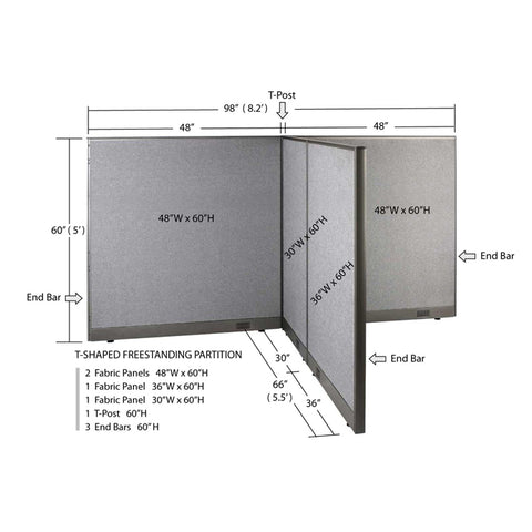 GOF 66"D x 96"W x 48”/60”/72”H, T-Shaped Freestanding Fabric Partition