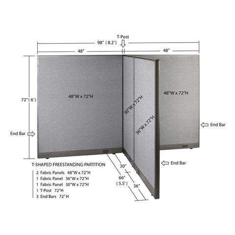 GOF 66"D x 96"W x 48”/60”/72”H, T-Shaped Freestanding Fabric Partition