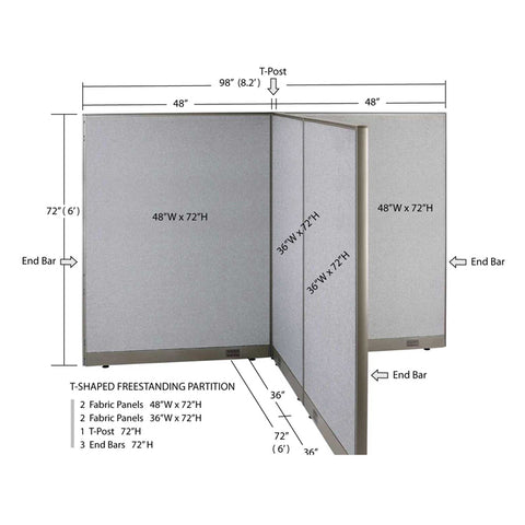 GOF 72"D x 96"W x 48”/60”/72”H, T-Shaped Freestanding Fabric Partition
