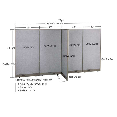 GOF 30"D x 120"W x 48”/60”/72”H, T-Shaped Freestanding Fabric Partition