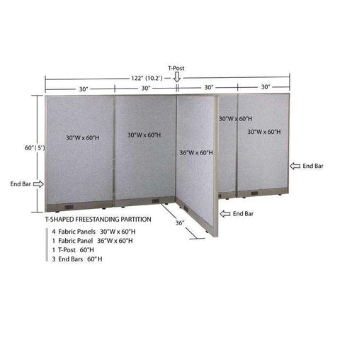 GOF 36"D x 120"W x 48”/60”/72”H, T-Shaped Freestanding Fabric Partition