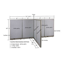 GOF 60"D x 120"W x 48”/60”/72”H, T-Shaped Freestanding Fabric Partition