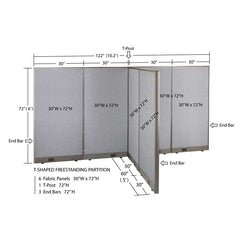 GOF 60"D x 120"W x 48”/60”/72”H, T-Shaped Freestanding Fabric Partition