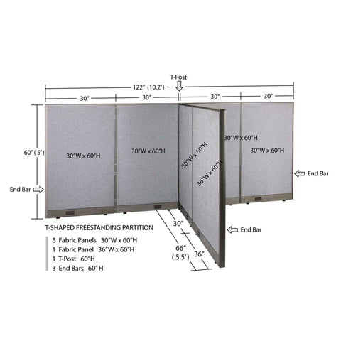 GOF 66"D x 120"W x 48”/60”/72”H, T-Shaped Freestanding Fabric Partition