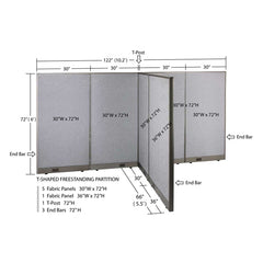 GOF 66"D x 120"W x 48”/60”/72”H, T-Shaped Freestanding Fabric Partition