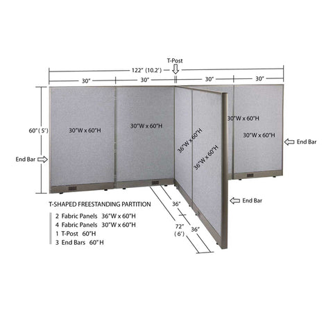 GOF 72"D x 120"W x 48”/60”/72”H, T-Shaped Freestanding Fabric Partition