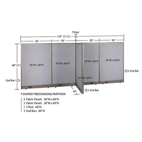GOF 30"D x 132"W x 48”/60”/72”H, T-Shaped Freestanding Fabric Partition