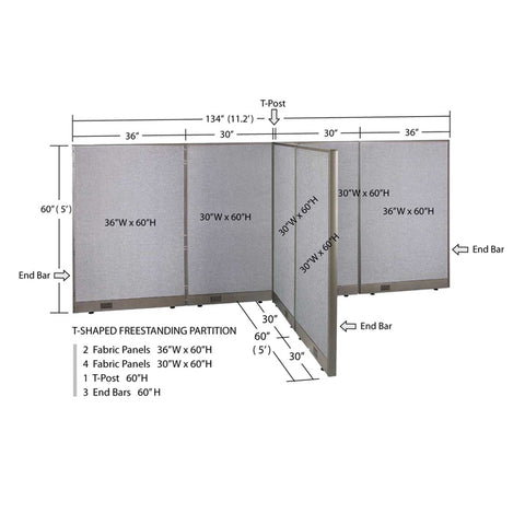 GOF 60"D x 132"W x 48”/60”/72”H, T-Shaped Freestanding Fabric Partition