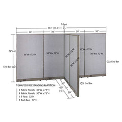 GOF 60"D x 132"W x 48”/60”/72”H, T-Shaped Freestanding Fabric Partition