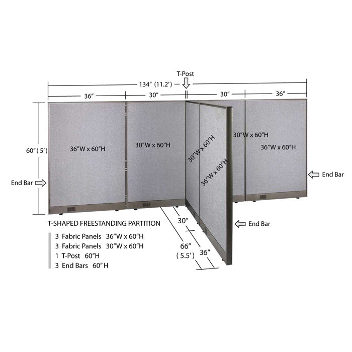 GOF 66"D x 132"W x 48”/60”/72”H, T-Shaped Freestanding Fabric Partition