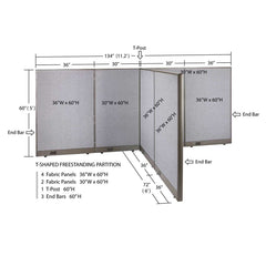 GOF 72"D x 132"W x 48”/60”/72”H, T-Shaped Freestanding Fabric Partition