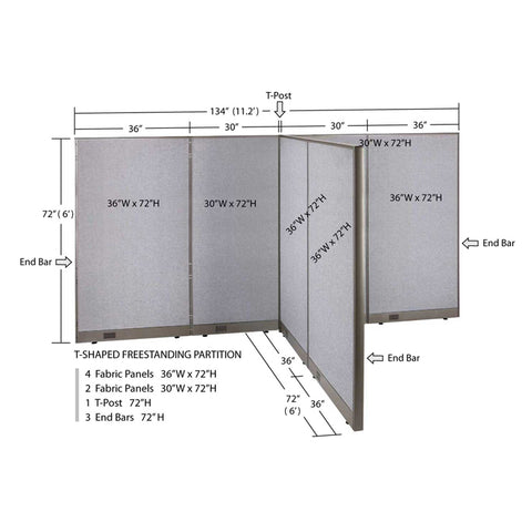 GOF 72"D x 132"W x 48”/60”/72”H, T-Shaped Freestanding Fabric Partition