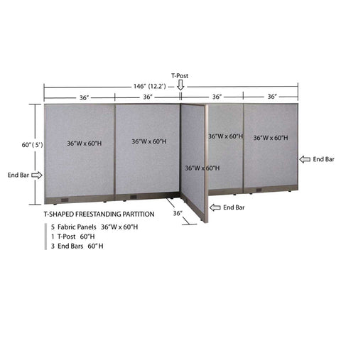 GOF 36"D x 144"W x 48”/60”/72”H, T-Shaped Freestanding Fabric Partition