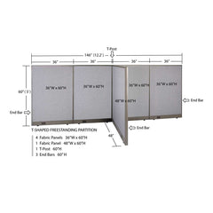 GOF 48"D x 144"W x 48”/60”/72”H, T-Shaped Freestanding Fabric Partition