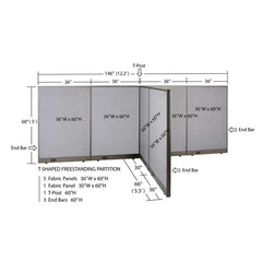 GOF 66"D x 144"W x 48”/60”/72”H, T-Shaped Freestanding Fabric Partition
