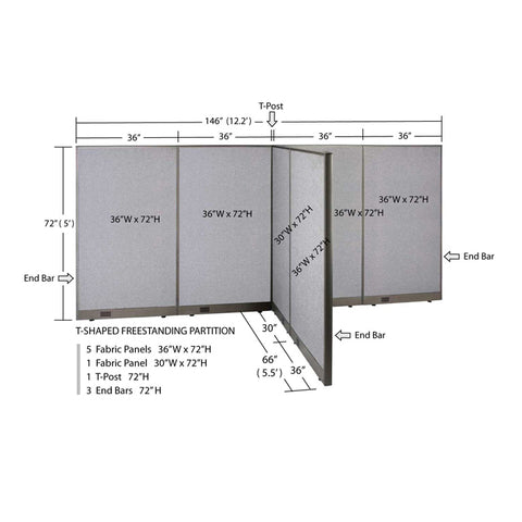 GOF 66"D x 144"W x 48”/60”/72”H, T-Shaped Freestanding Fabric Partition