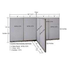 GOF 72"D x 144"W x 48”/60”/72”H, T-Shaped Freestanding Fabric Partition