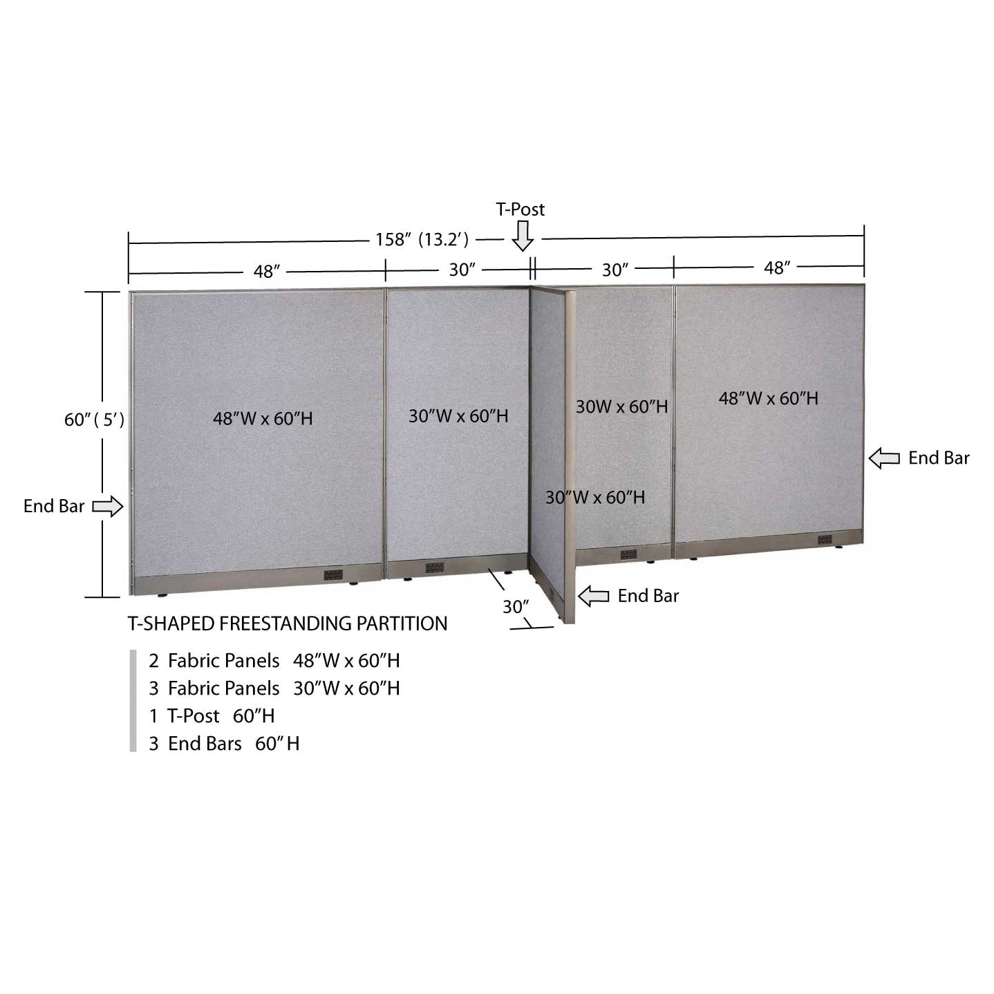 GOF 30"D x 156"W x 48”/60”/72”H, T-Shaped Freestanding Fabric Partition