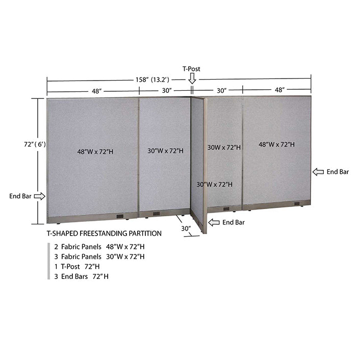 GOF 30"D x 156"W x 48”/60”/72”H, T-Shaped Freestanding Fabric Partition