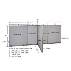 GOF 48"D x 156"W x 48”/60”/72”H, T-Shaped Freestanding Fabric Partition
