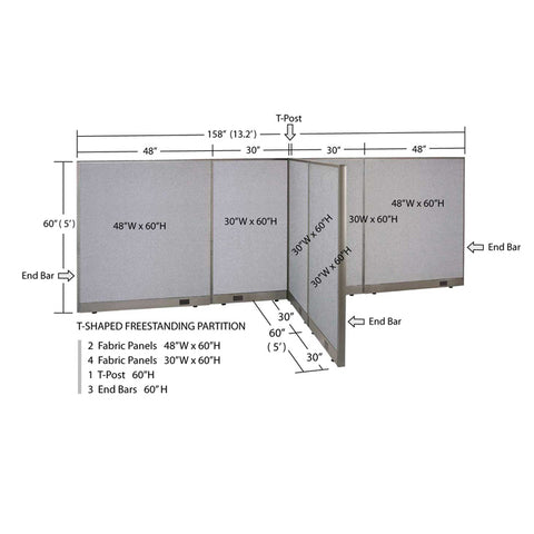 GOF 60"D x 156"W x 48”/60”/72”H, T-Shaped Freestanding Fabric Partition