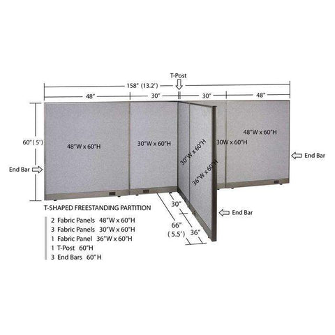 GOF 66"D x 156"W x 48”/60”/72”H, T-Shaped Freestanding Fabric Partition